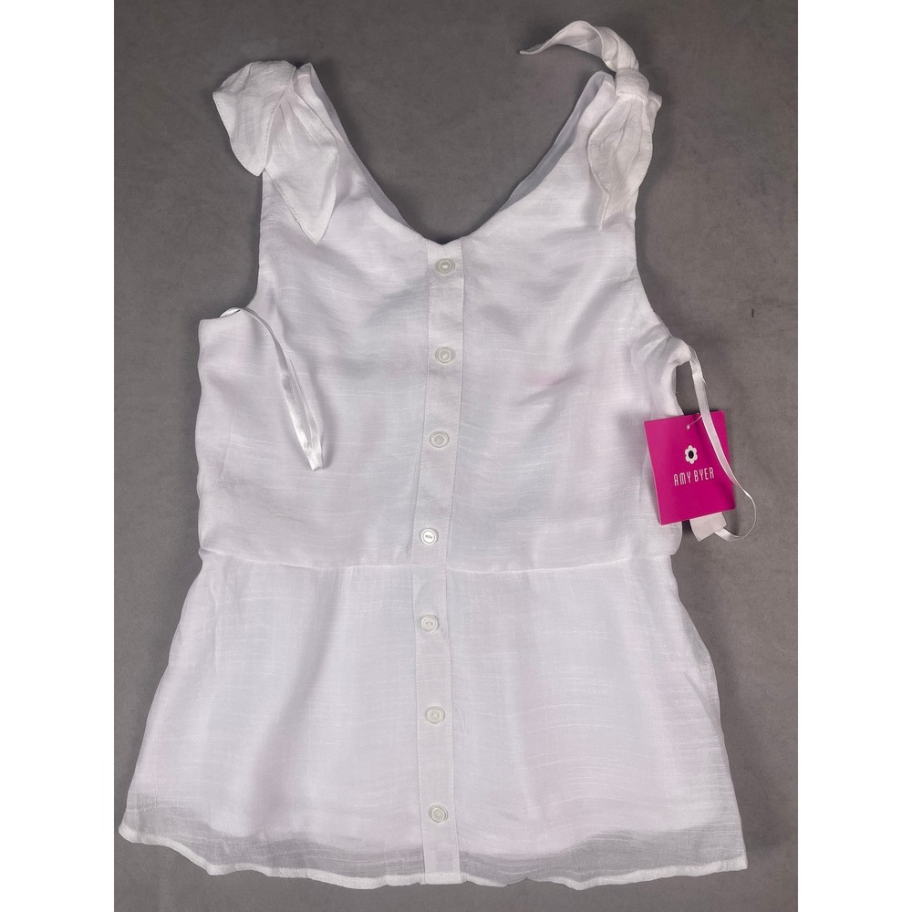 Amy Byer Girls White Cabo Gauze Tie Shoulder Button Front Peplum Top Youth Large